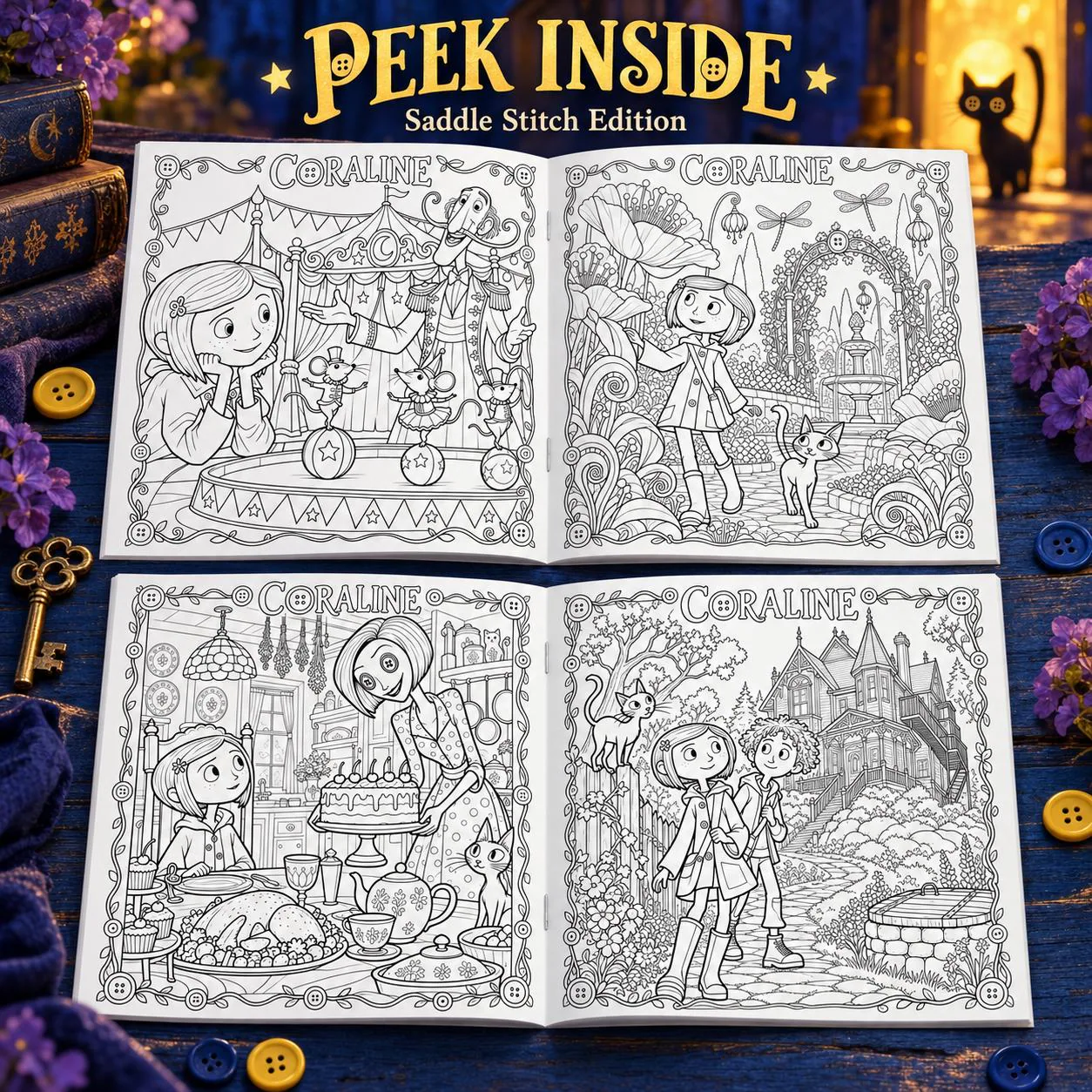 Coraline Adult Coloring Book - Saddle Stitch Edition - 40 Coloring Pages 2 Front and back cover mockup of saddle stitch coraline coloring book showing a blue-haired girl in a yellow raincoat, black cat, glowing doorway, moonlit mansion, colorful buttons, and back cover text listing 8 coloring pages. - view 2
