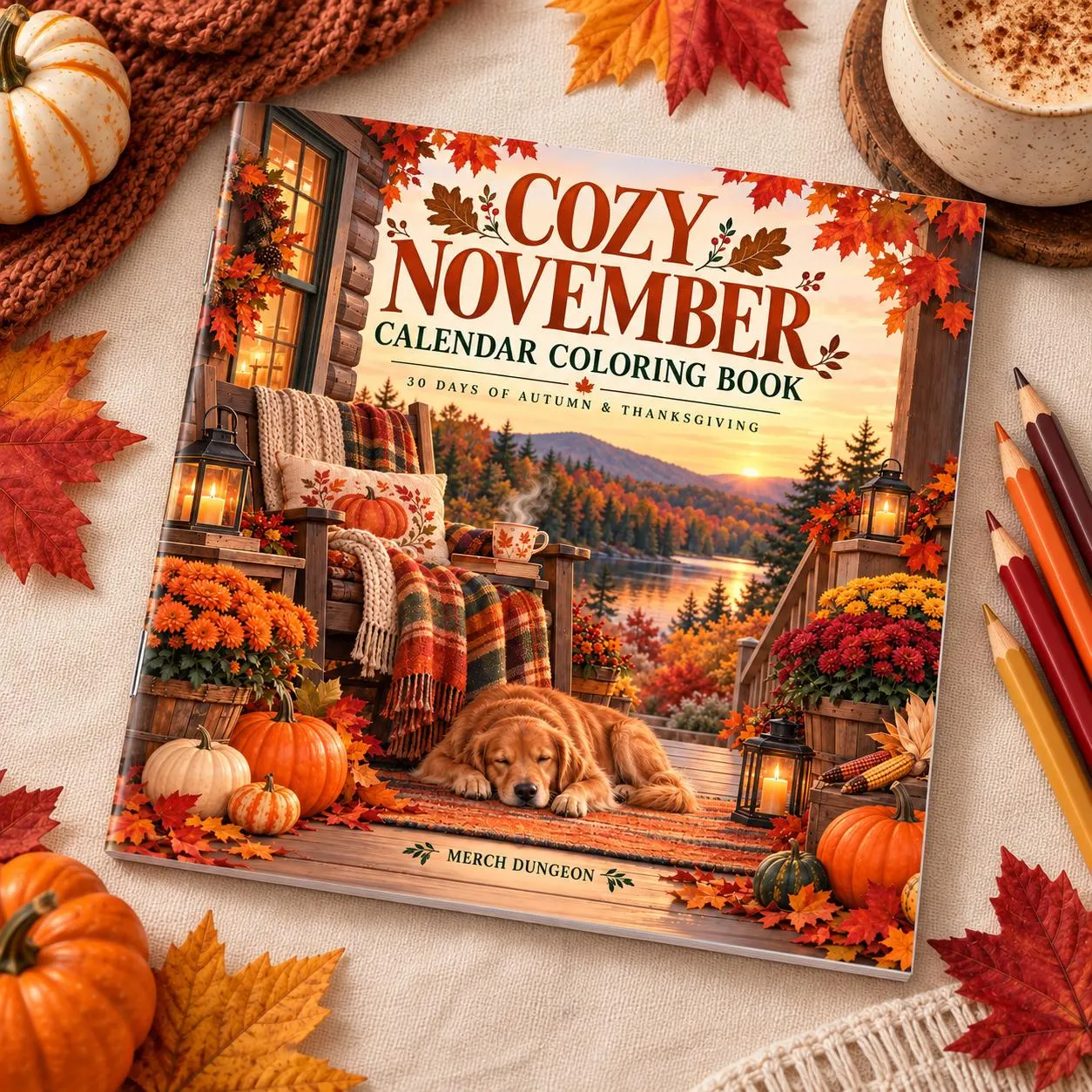 Saddle Stitch Cozy November Coloring Book | Autumn and Thanksgiving Adult Coloring Book, 40 Pages 1 Saddle stitch cozy november coloring book cover showing a golden retriever sleeping on a porch with plaid blankets, pumpkins and autumn leaves beside a lake at sunset