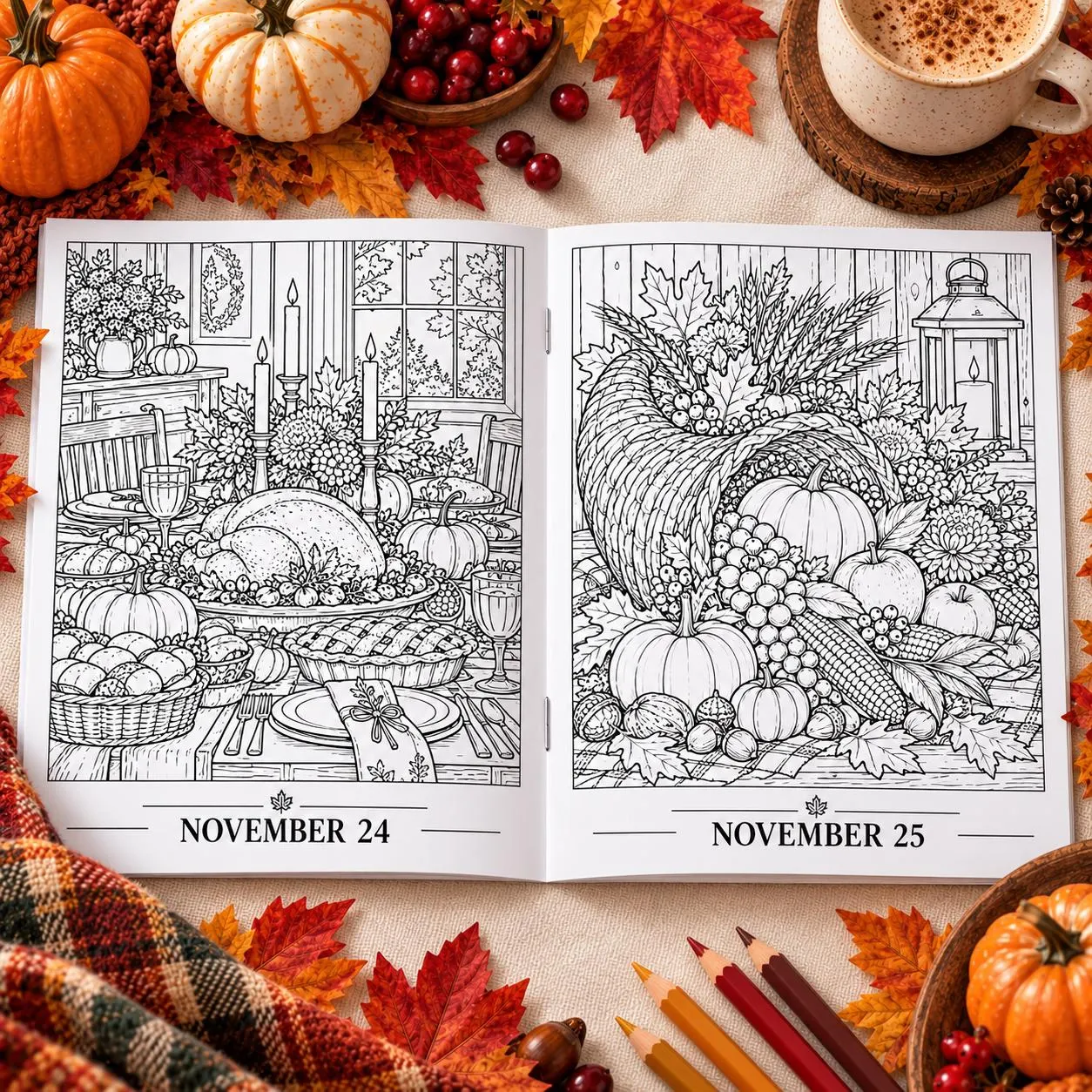Saddle Stitch Cozy November Coloring Book | Autumn and Thanksgiving Adult Coloring Book, 40 Pages 2 Saddle stitch cozy november coloring book cover showing a golden retriever sleeping on a porch with plaid blankets, pumpkins and autumn leaves beside a lake at sunset - view 2
