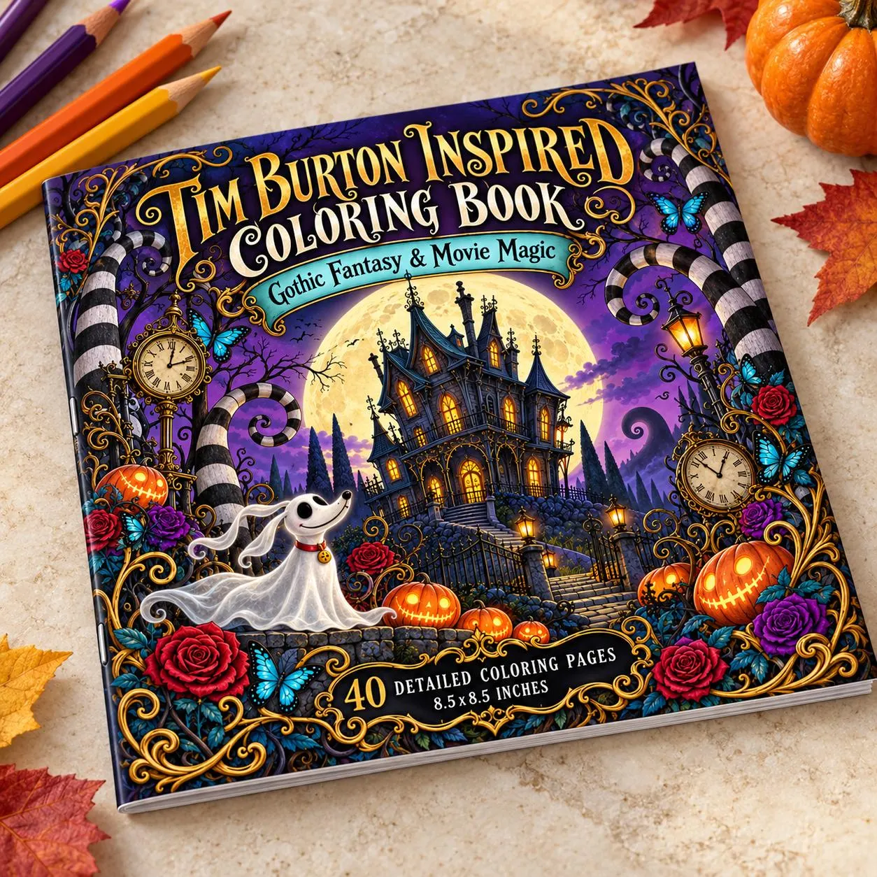 Saddle Stitch Tim Burton Inspired Coloring Book: Gothic Fantasy & Movie Magic, 40 Pages 1 Saddle stitch Tim Burton coloring book cover with a gothic haunted mansion, full moon, striped trees, ghost dog, pumpkins and roses