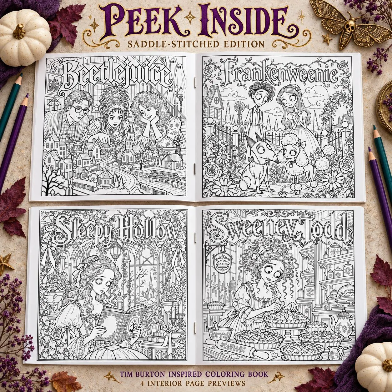 Saddle Stitch Tim Burton Inspired Coloring Book: Gothic Fantasy & Movie Magic, 40 Pages 2 Saddle stitch Tim Burton coloring book cover with a gothic haunted mansion, full moon, striped trees, ghost dog, pumpkins and roses - view 2