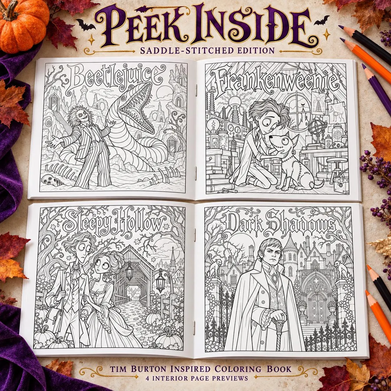 Saddle Stitch Tim Burton Inspired Coloring Book: Gothic Fantasy & Movie Magic, 40 Pages 3 Saddle stitch Tim Burton coloring book cover with a gothic haunted mansion, full moon, striped trees, ghost dog, pumpkins and roses - view 3